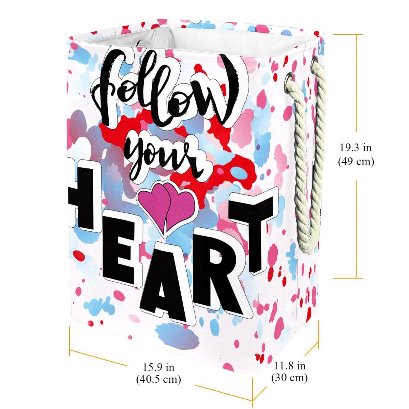 Cesta de lavandería con asas, diseño de acuarela con texto en inglés "Follow Your Heart", para guardar ropa en el dormitorio, baño, dormitorio