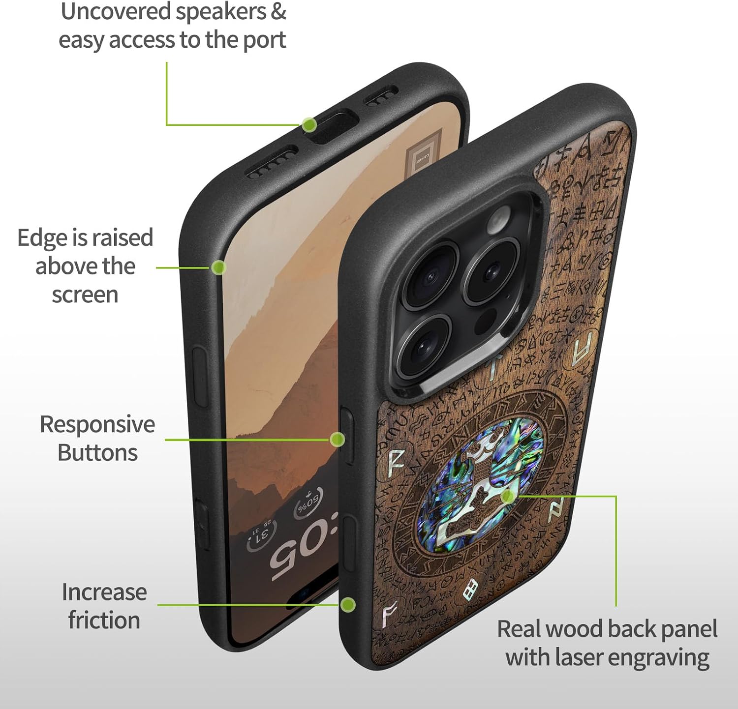 Carveit Magnetic Case for iPhone 16 Pro Case, Wood Artisan Engraved & Handmade Shell Inlaid, TPU Shockproof Cover, Compatible with MagSafe Wireless Chargers (Thors Hammer) Walnut