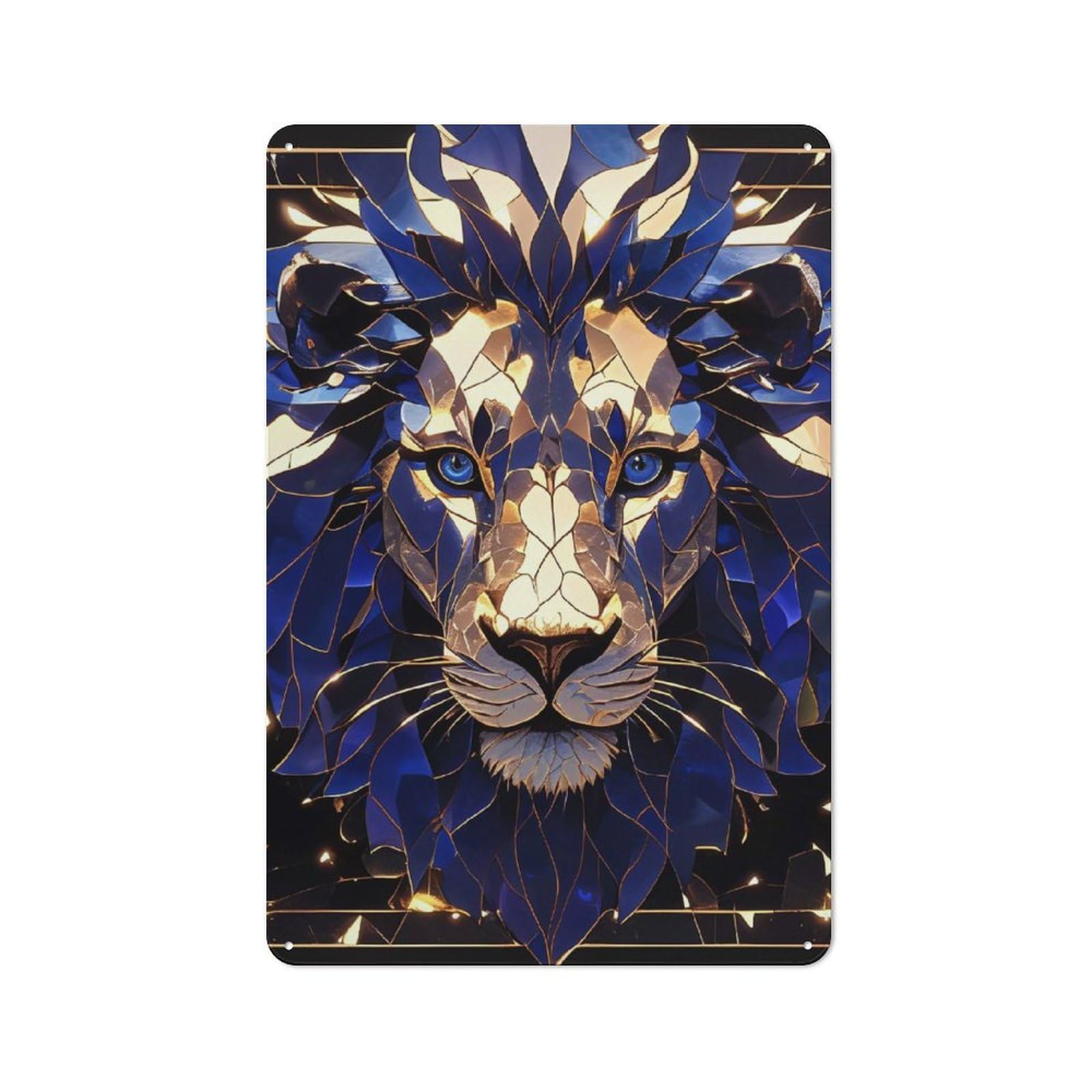 Junmoney Style-8 For Lounge Or Reading Corner, Abstract Lion Portrait In Blue And Gold Vintage Metal Sign 30X20cm, For Collectors Decorating Lounges And Reading Corners