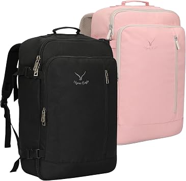 Hynes Eagle Carry on Backpack 38L Large Travel Backpack for Women Flight Approved Weekender Bag Laptop Backpack Men 15 inches Black with Light Pink