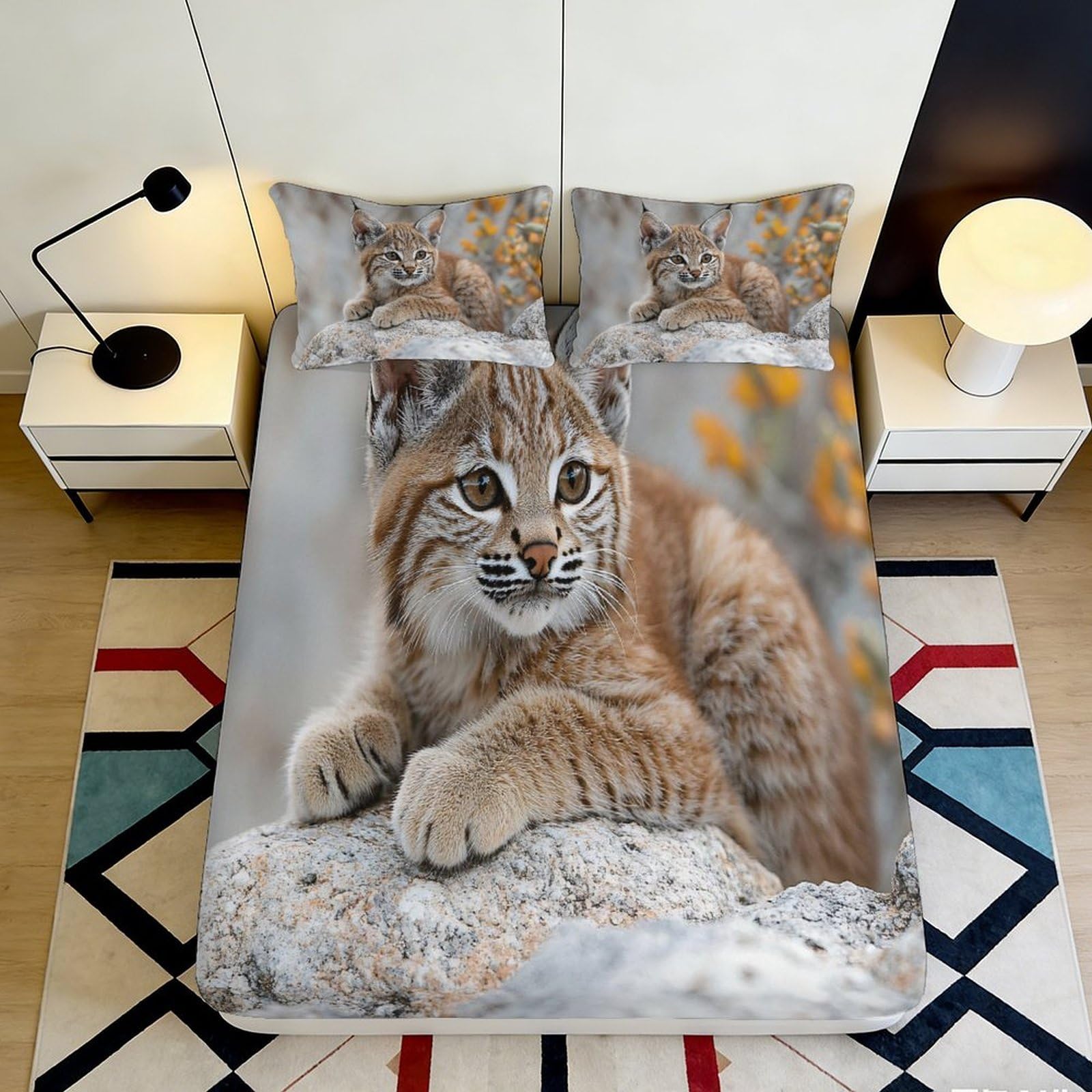 3D Printed Lynx Cat Fitted Sheet Microfiber Soft Durable Wild Animal Bed Cover for Bedroom Dormitory Guest Room Mattress Protection Decor 160x200x25cm