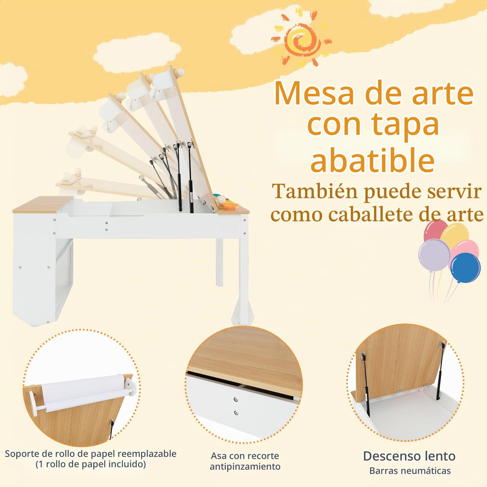 LIFEZEAL Juego de Mesa y Silla Infantil, Pupitre y Caballete 2 en 1, Mesa de Actividades con 6 Cajas de Almacenamiento y 5 Tazas de Pintura, Set de Asientos para Niños con Rollo de Papel (Natural)