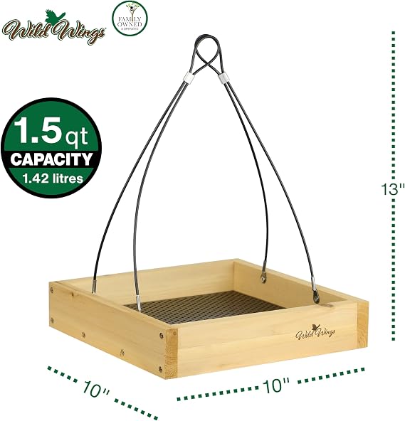 Wild Wings WWCF23 Rot Resistant Cedar Hanging Tray Bird Feeder with Fresh Seed Tray, Platform Feeder for Outdoor Wild Bird Seed Feeder and Decor, Wood