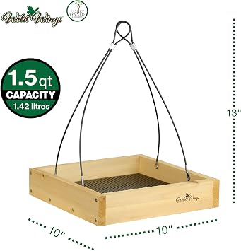 Wild Wings WWCF23 Rot Resistant Cedar Hanging Tray Bird Feeder with Fresh Seed Tray, Platform Feeder for Outdoor Wild Bird Seed Feeder and Decor, Wood