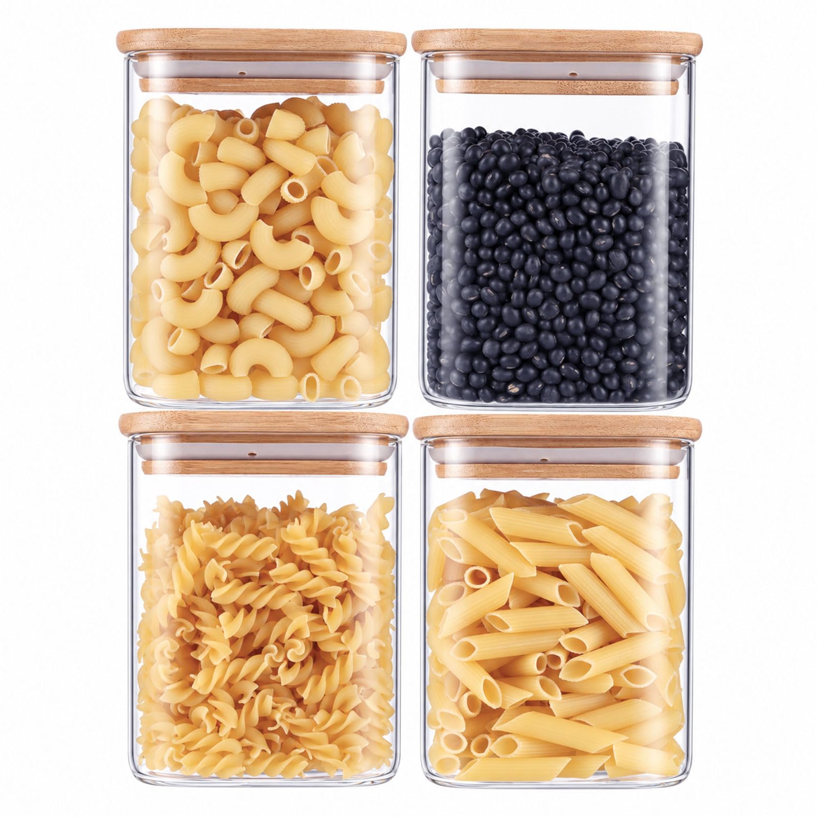 LDXDRU 850 ml Vorratsgläser Glas mit Deckel Eckig, 4er Vorratsdosen Luftdicht Set, Glasbehälter Vorratsglas mit Holzdeckel Vorratsbehälter Glas Eckig für Müsli, Mehl, Gewürze Küche, Haushalt & Wohnen