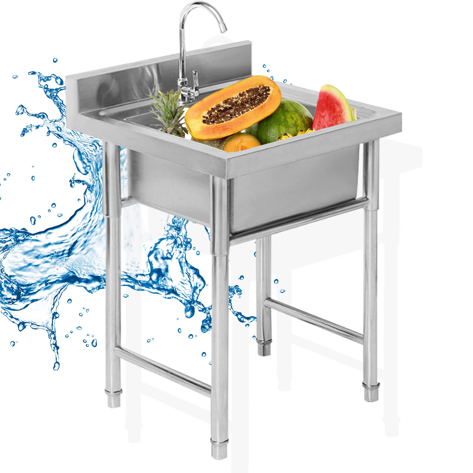 Évier sur pieds en acier INOX idéal pour buanderie et préparation de cuisine d'été