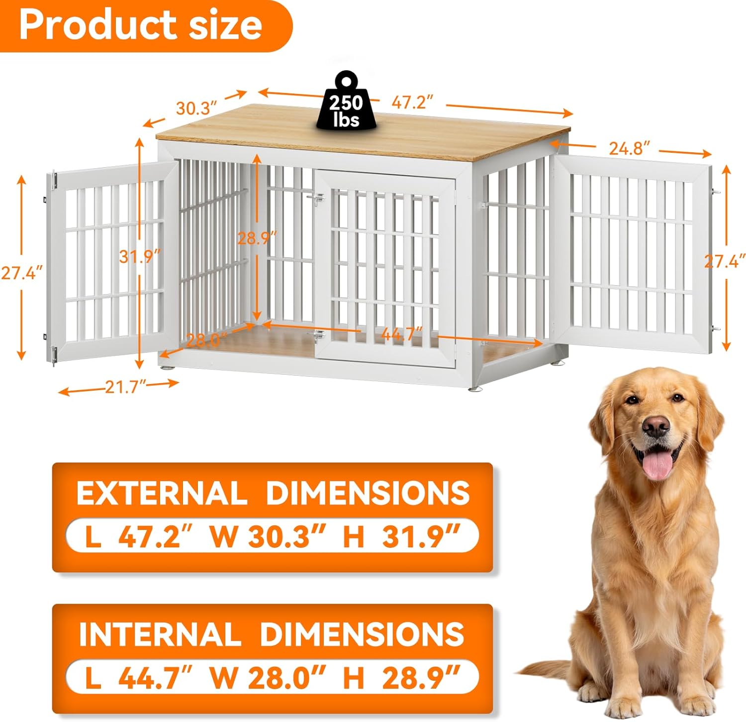 Snuowu 48" Heavy-Duty Dog Crate Furniture for Large Dogs, XXL Wooden Dog Cage Kennel Indoor Furniture, Decorative Pet House End Table, White & Wood