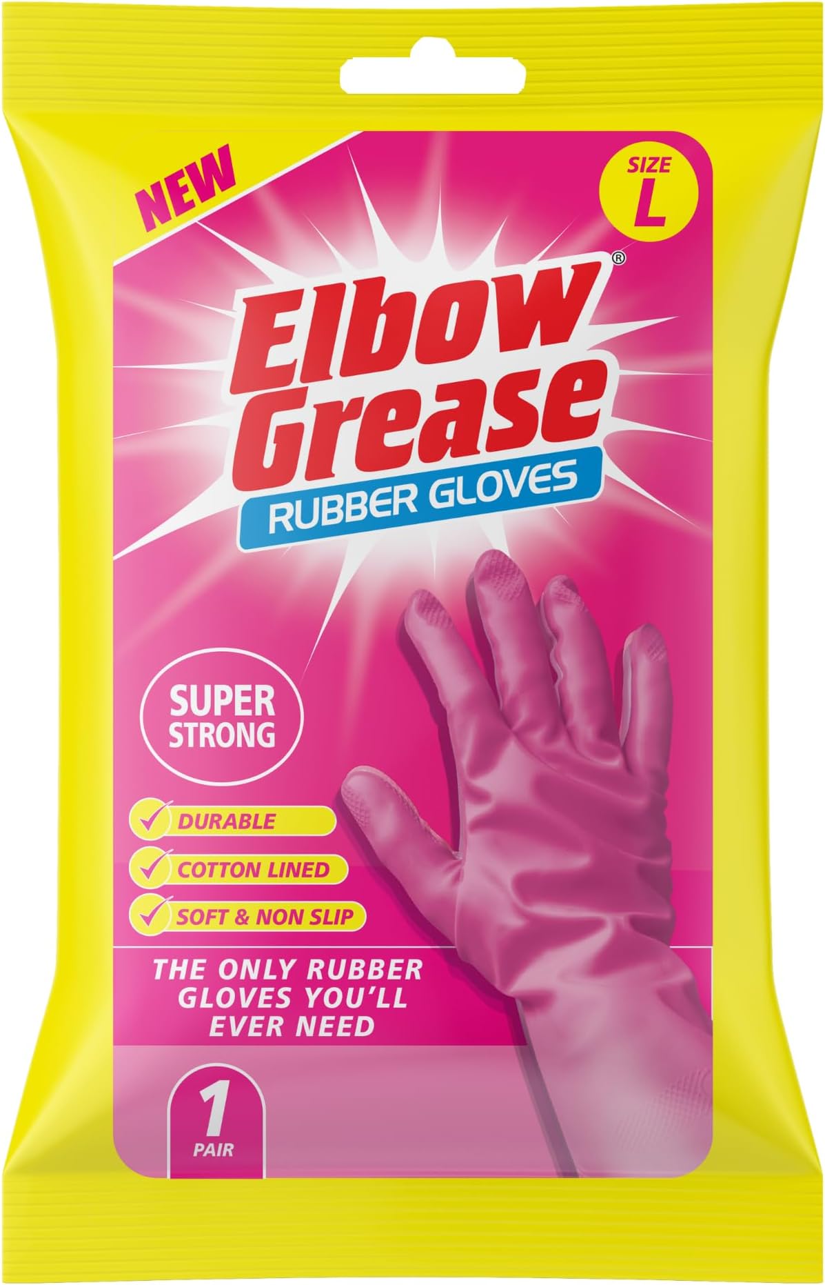 Elbow Grease Pink Rubber Gloves | Super Strong, Cotton Lined, Non-Slip Household Gloves (Large - 1 Pack)