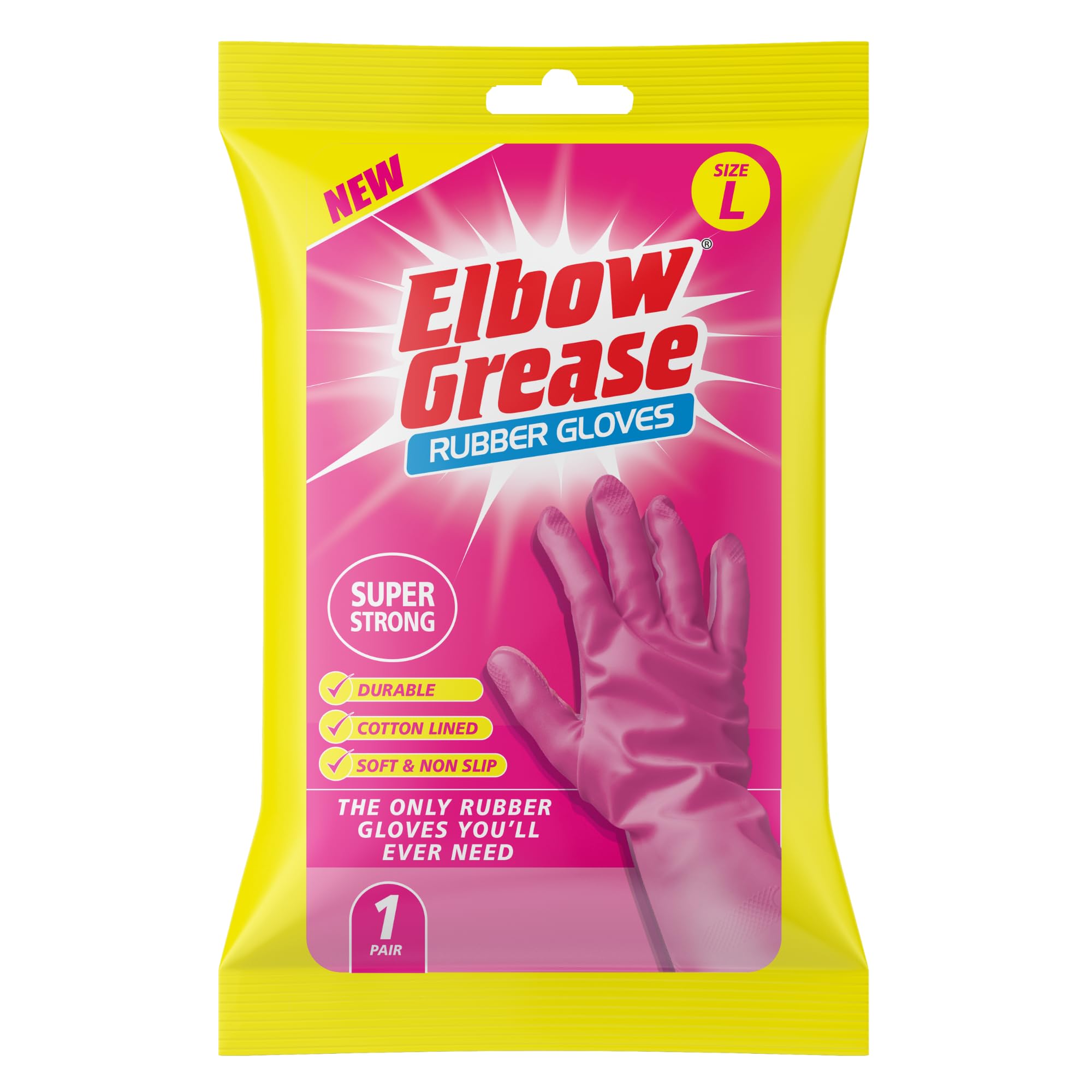Elbow Grease Pink Rubber Gloves | Super Strong, Cotton Lined, Non-Slip Household Gloves (Large - 1 Pack)