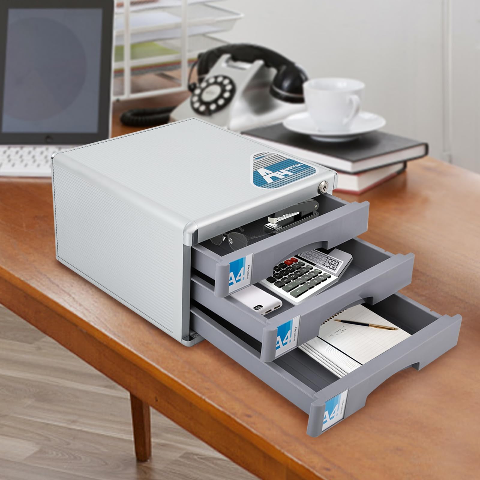 Cassettiera a 3 scomparti, formato A4, in metallo, con chiusura a chiave, cassettiera con scomparti per scrivere
