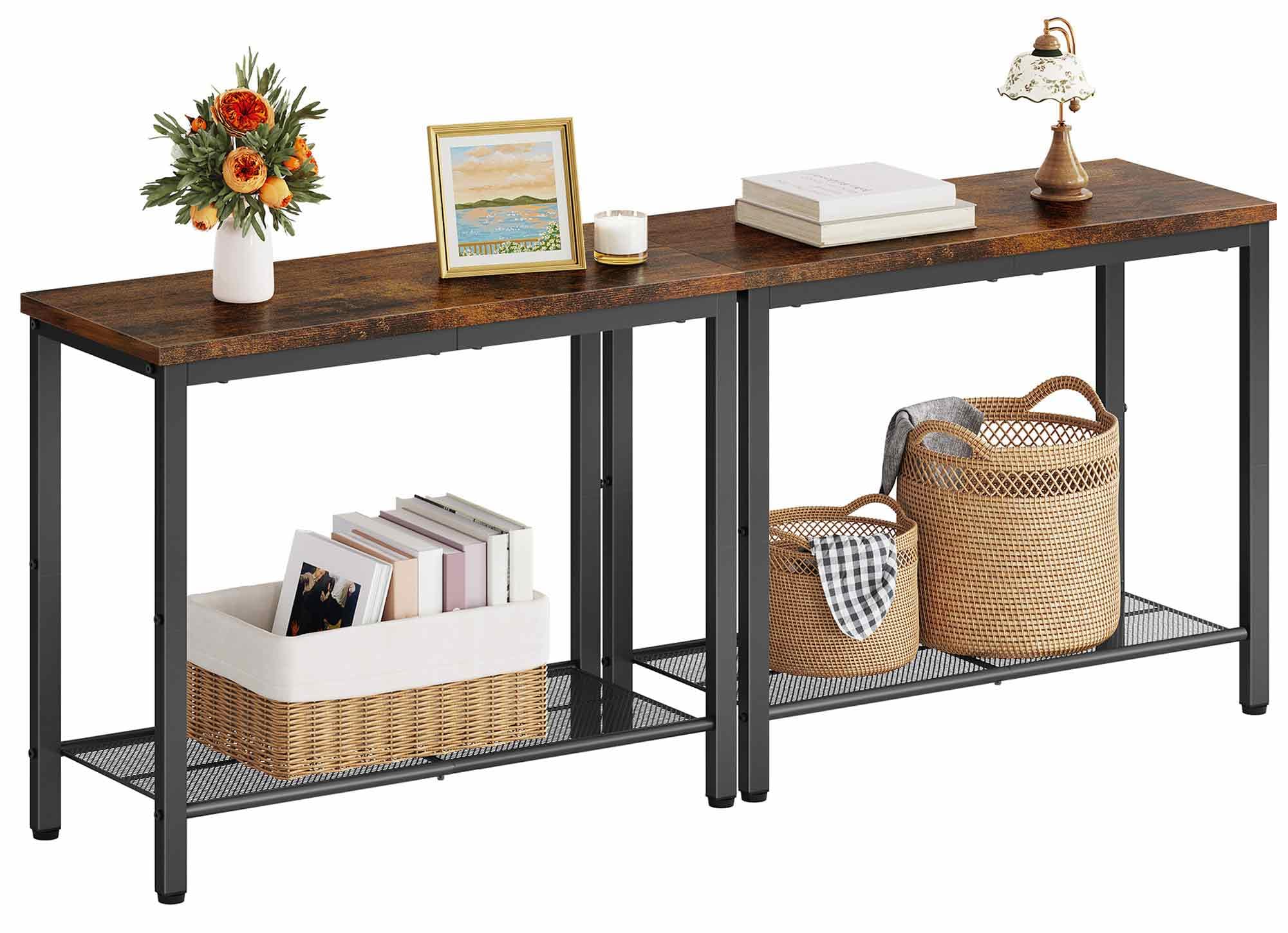 Hoctieon 2 Tier End Table, Sofa Side Table, Narrow Side Table with Storage, Slim Nightstand for Small Spaces, Metal Frame, for Living Room, Bedroom, Sofa Couch, Hall, Rustic Brown, 2 Set — image 1