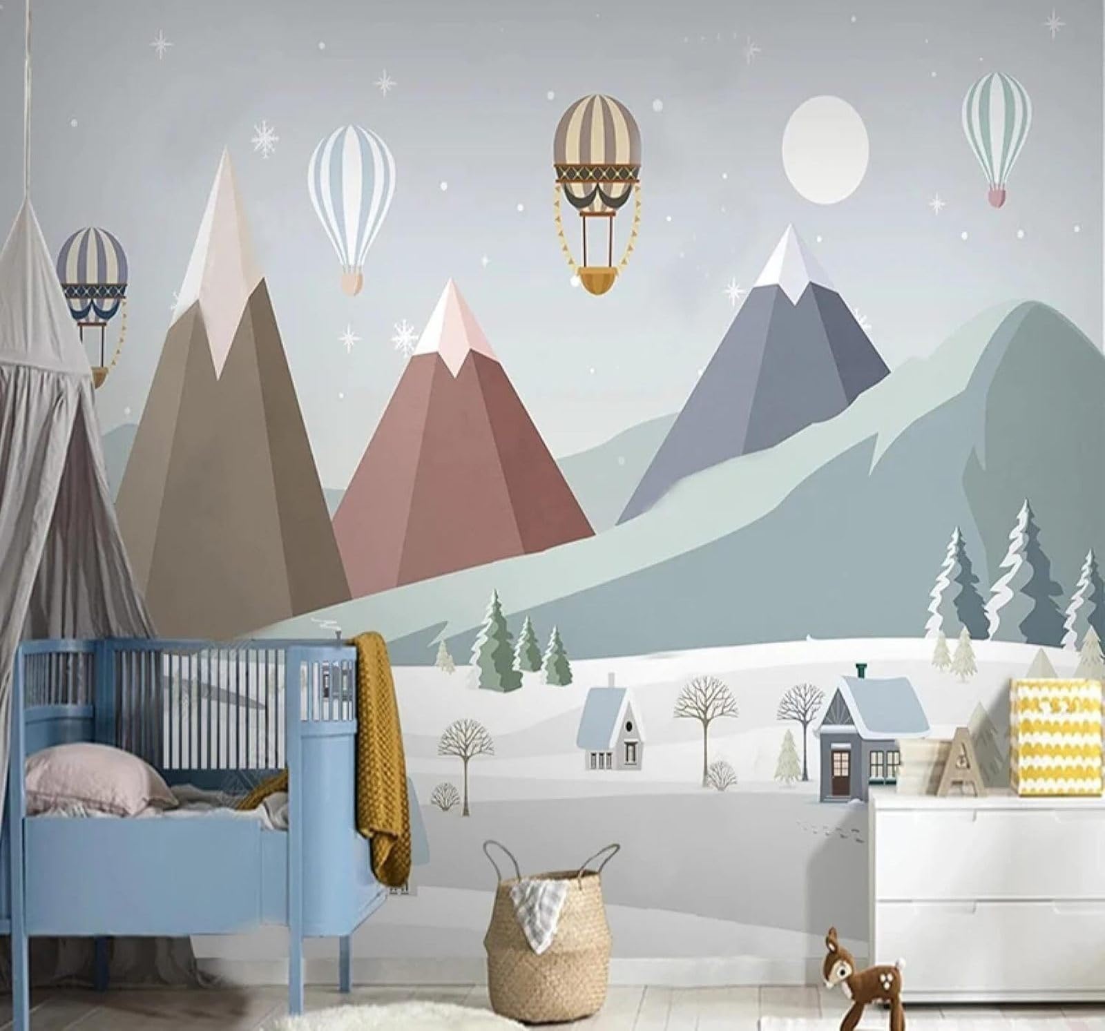 XLMING Cartoon Snowy Mountains Balloons Houses Landscape 3D Wallpaper Luxury Home Dining Decor Paste Sofa Living Room The Wall for Bedroom Mural-200cm×140cm