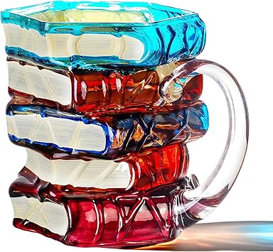Artistic Book Stack Glass Coffee Mug,14oz Handmade Tea Cups Cool Funny, Decorative Design for Book Lovers Gifts for Women and Man Large