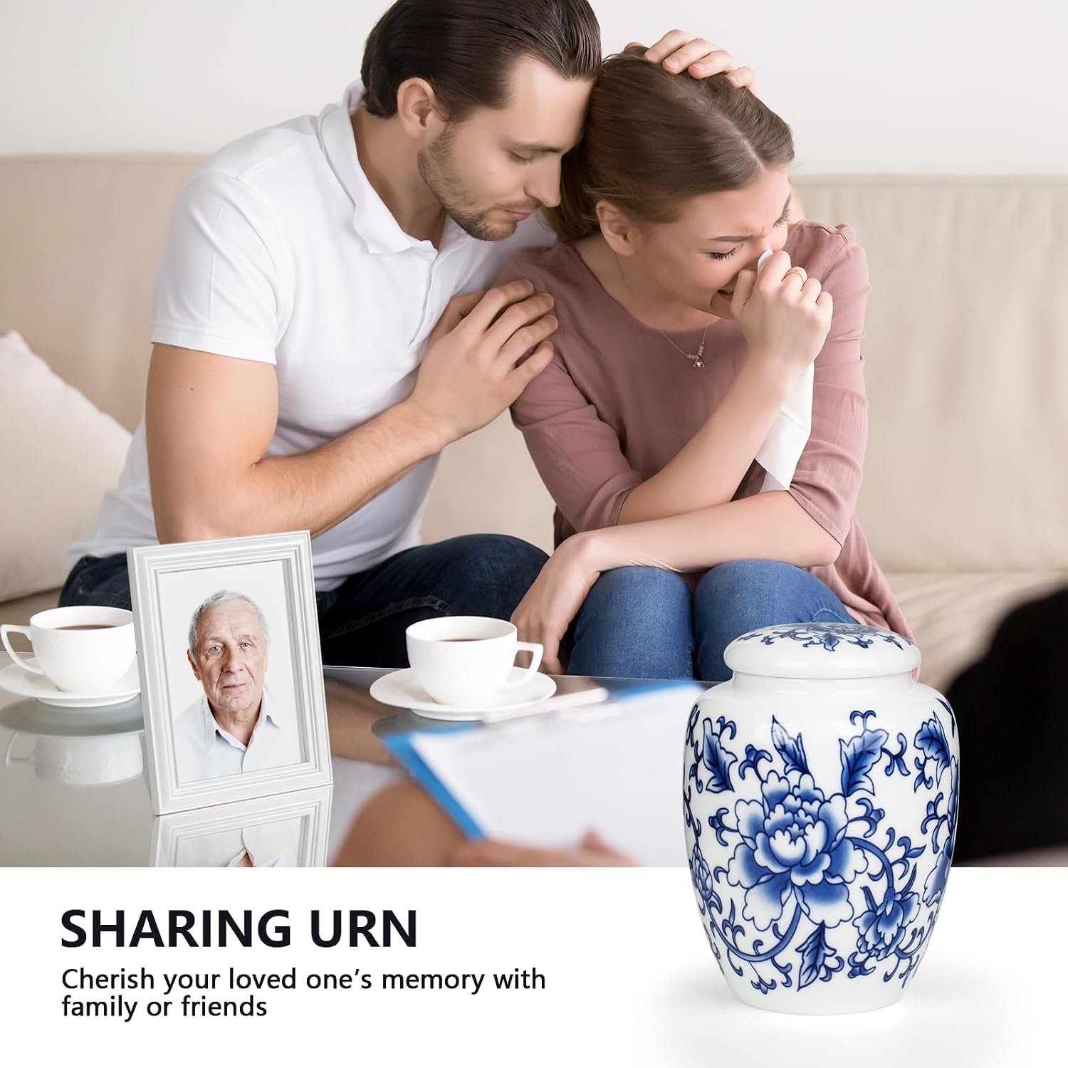 Small Urn for Human Ashes - Blue and White Ceramic Keepsake Cremation Urns, Chinoiserie Urn with Exquisite Box for Women Men Pet