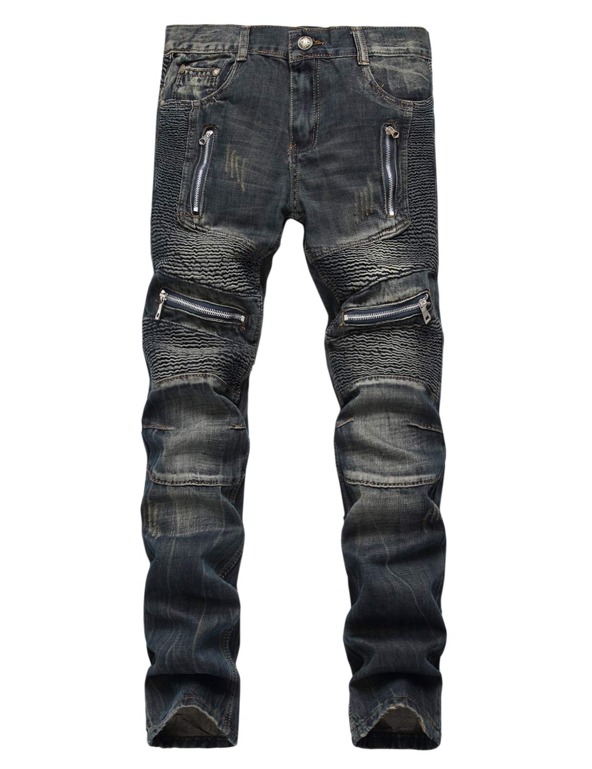 Baylvn Men's Blue Casual Ripped Slim Fit Biker Moto Jeans Pants,6502 Dark ,Size 34, 34