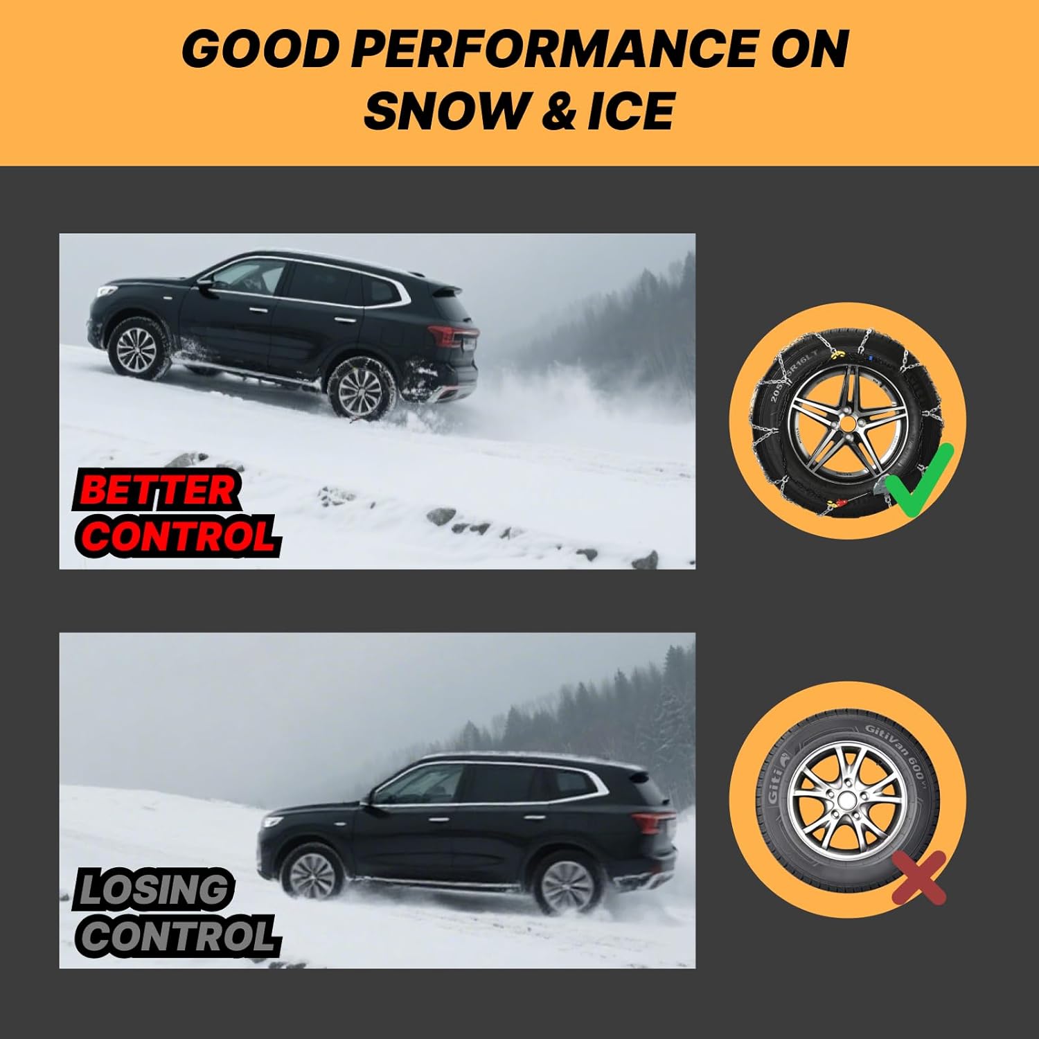Auto Fixing Snow Chains for Car Tires, Tire Chains for Passenger Cars, Sedan, SUVs, Quick Fit & Easy Installation Snow Tire Chains, Portable Reusable Emergency Tire Traction Chain, Set of 2 (HPK-1545)