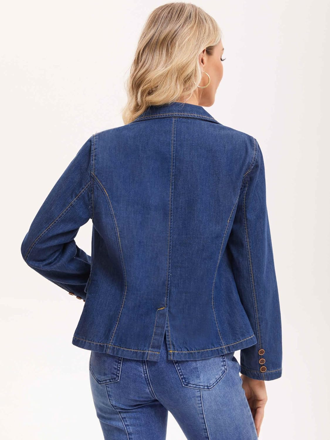 Women's Denim Jacket Notched Lapel Collar Long Sleeve Button Lightweight Fitted Denim Blazer - Image 4