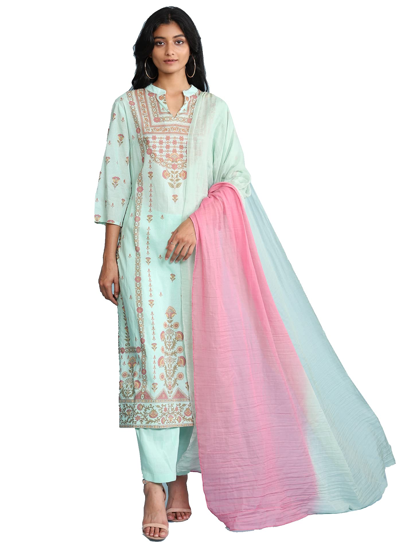 Aarke Ritu Kumar Band Collar 3/4 Sleeve Printed Kurta With Pants And Dupatta