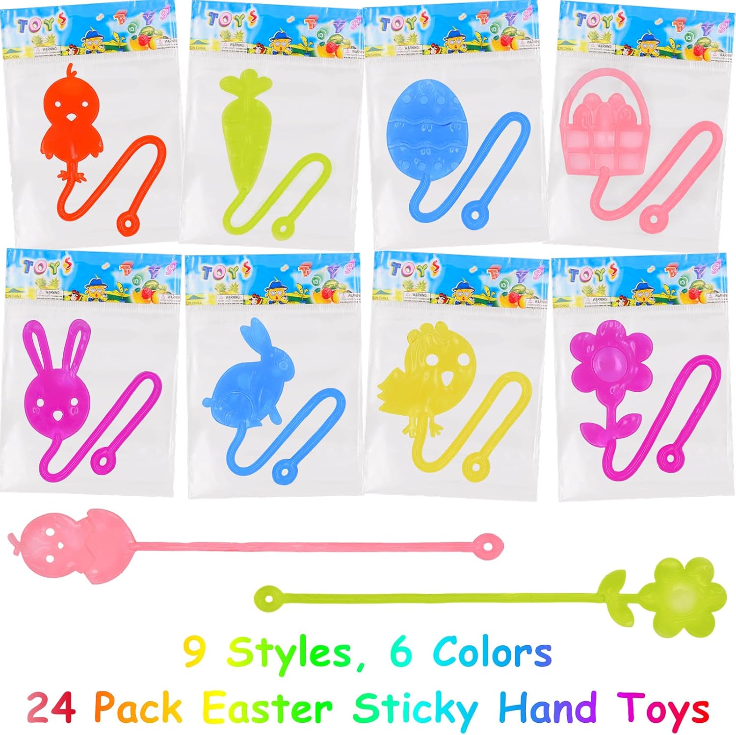 24 Pack Easter Sticky Hand Toys, 9 Styles Easter Egg Chick Bunny Carrot Flower Basket Sticky Stretchy Toys for Kids Boys Girls Easter Basket Stuffers Party Favors Gifts