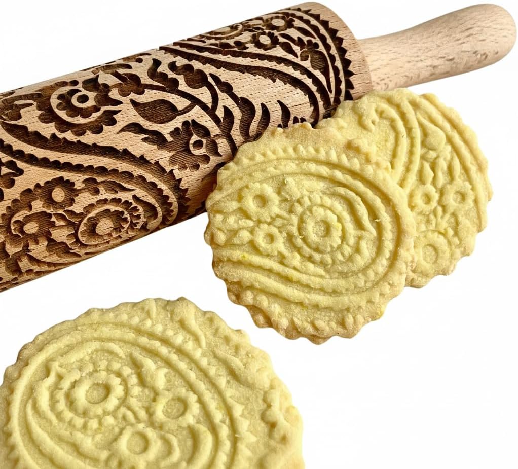 PAISLEY Children's Rolling Pin for Homemade Pastries Rolling Pin with Flowers Engraved Rolling Pin Length 24 cm Engraved Rolling Pin with Pattern of Algis Crafts