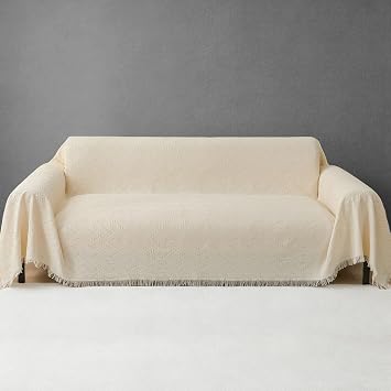 Sofa Throw for 2 Seater Sofas, Large Geometric Jacquard Woven Blanket with Fringes, 60% Cotton Blend Heavyweight Settee Throw, Reversible Couch Cover for Pets, 180x230cm, Cream
