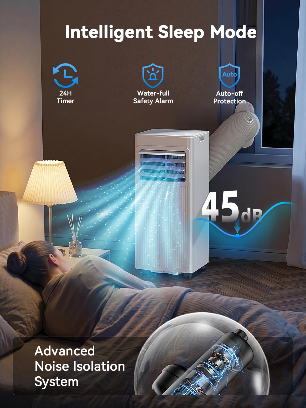 7000 BTU Mobile Klimaanlage 4-in-1, Ventilator und Luftentfeuchter, 19 l, leise mit 24-Stunden-Timer – Abluft- und Dichtungsset für Fenster – bis zu 25 m²(weiß)