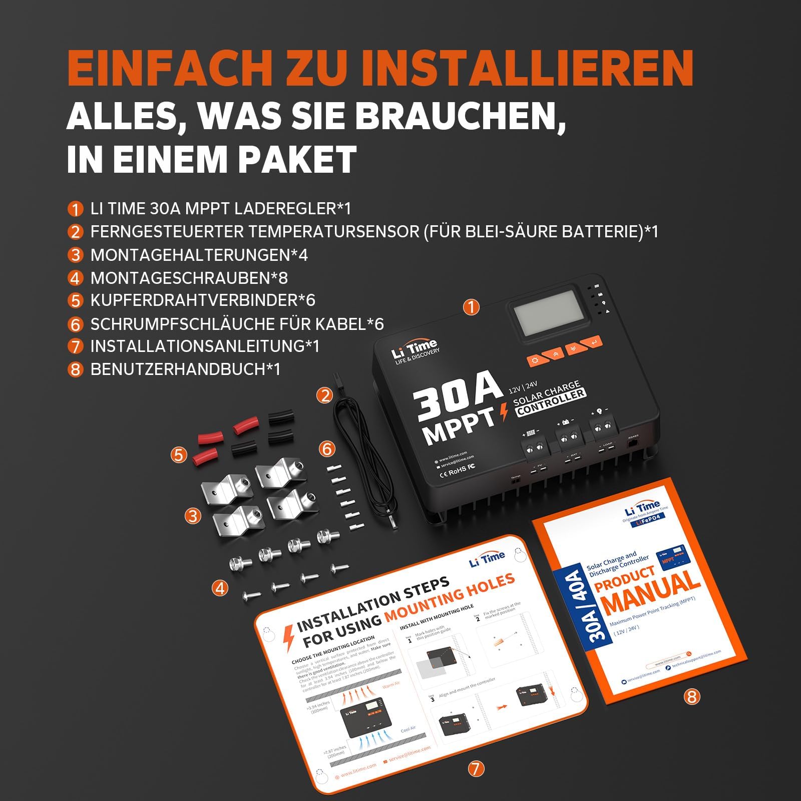 LiTime 30A Regulador de Carga Solar, Controlador de Carga Solar 12v con Adaptador Bluetooth, Pantalla LCD Ajustable e Indicador LED, Regulador Solar Mppt para Baterías de Litio