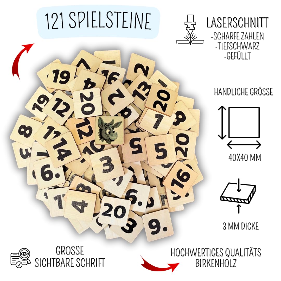 Mutou Das Eselspiel Eckig 2.0 – Volle Zahlen – 121 Teile aus Holz mit Stoffbeutel – Handgefertigtes Familienspiel - Lernspiel - Geschenk - Partyspiel - Gesselschaftsspiel - Reisespiel