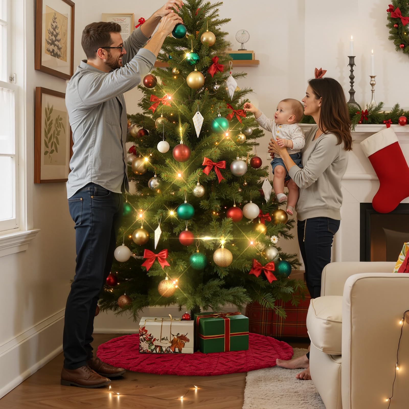Lanpn Falda Cubre Pie para Arbol de Navidad de 40cm, Pequeño Lujo Piel Sintética Alfombra de árbol de Navidad Redondas, Cubiertas para Base Alfombra para Decoración Navideña de Interiores (Rojo)