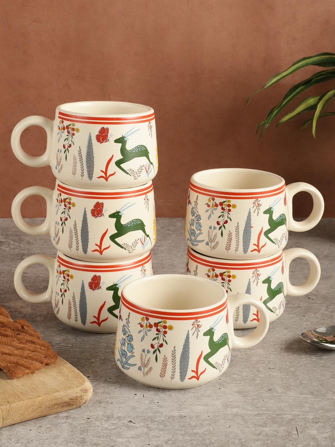 miah decor Ceramic Matte Printed Tea Coffee Mug Set of 6 Studio PoteryDrinkware Microwave Safe Stoneware Cups for Home & Restaurant-180 ml-Cream Multi