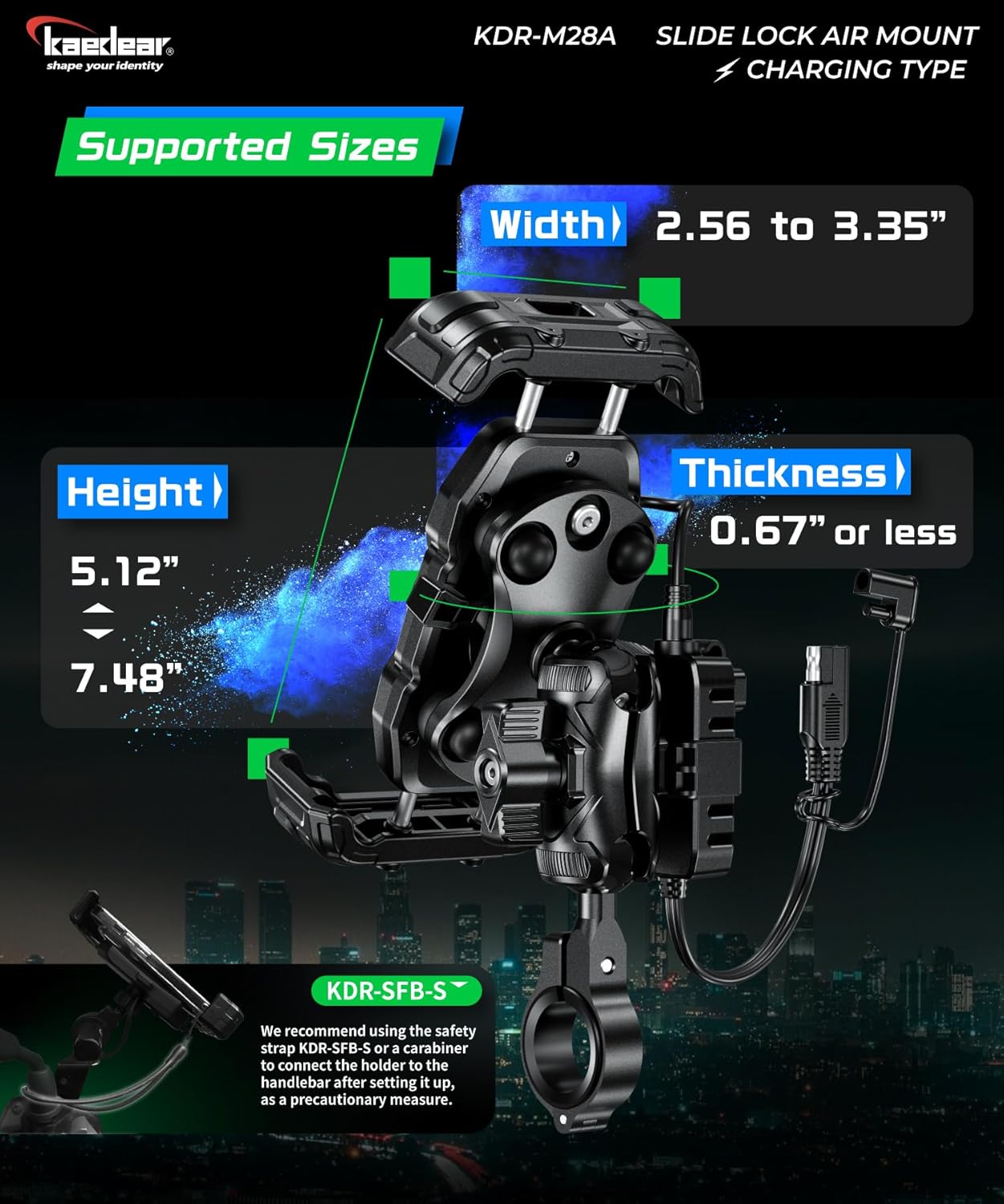 Kaedear Motorcycle Smartphone Holder, Air Mount Vibration Absorption, QI & USB Charging, Fast Wireless Charging, IP66 Waterproof, Quick Release, Locking System, Air Mount, Slide Lock KDR-M28A