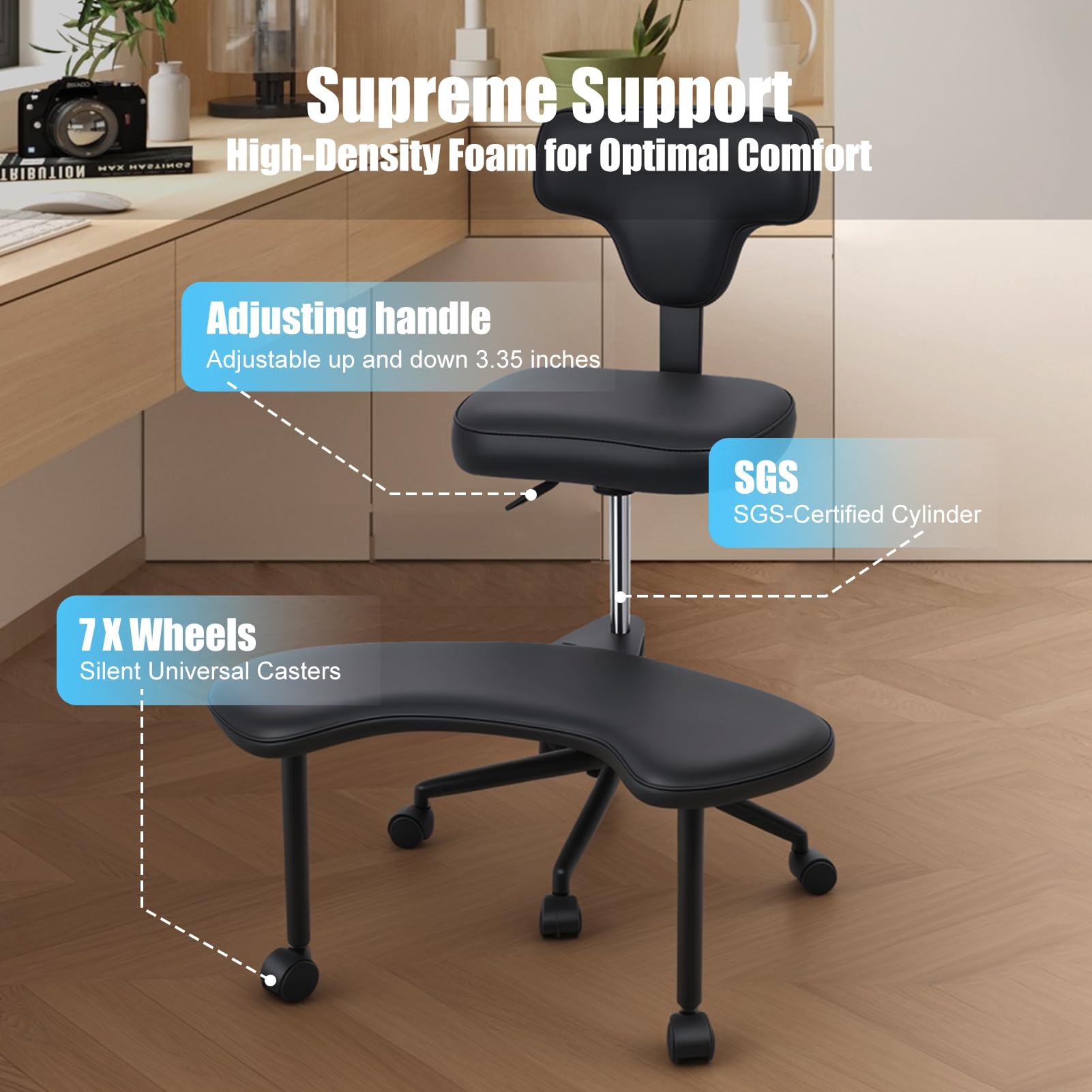 Silla de oficina ergonómica con patas cruzadas, silla de pierna cruzada con ruedas y reposapiés, silla giratoria de 360°, cojines más anchos y gruesos para silla de meditación, escritorio de