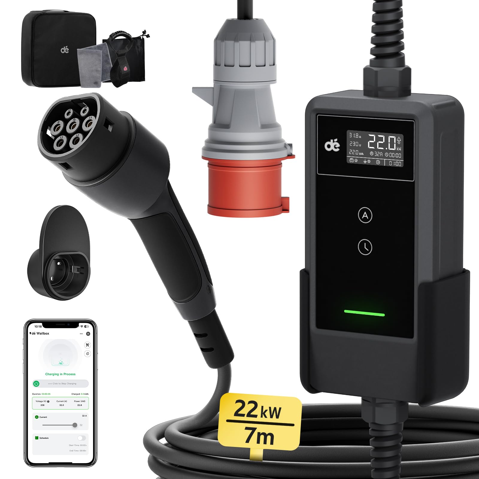 dé Ładowarka Mobilna 22kW, z Aplikacją [3-Fazowa, 7m, 6-32A] z Licznikiem Prądu, Kablem do Ładowania CEE 32A na Typu 2 i Ładowarką EV do modeli Y, E-208, 500e i innych EV/PHEV