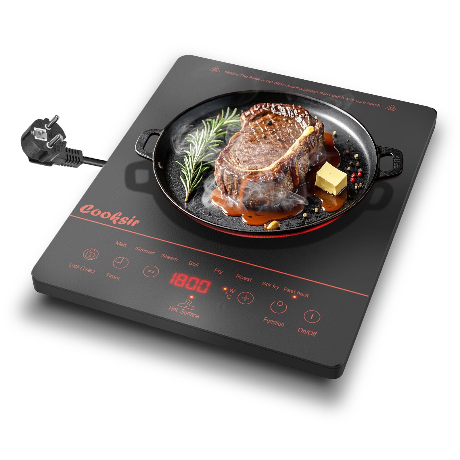 Cooksir Placa vitrocerámica 1 fuego, vitrocerámic portátil 28CM, individual 2000W, calentamiento por infrarrojos, temporizador 4 horas, bloqueo de seguridad, control táctil, enchufe 10A 220-240V