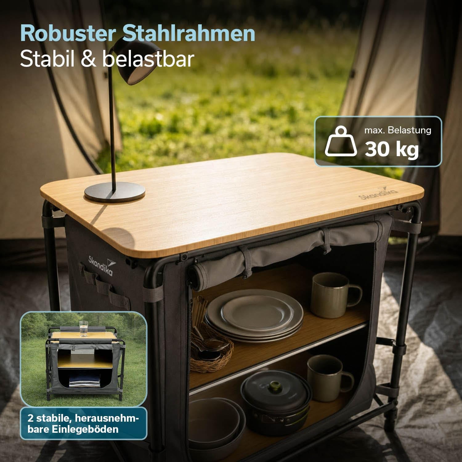Skandika Campingschrank Skogard | 3-in-1 Design, Bambus Arbeitspatte, Outdoor Schrank faltbar, 2 Einlegeböden, Tragetasche | Klapptisch kompakt, Campingküche, Outdoor Küche, Camping Zubehör, Zelt