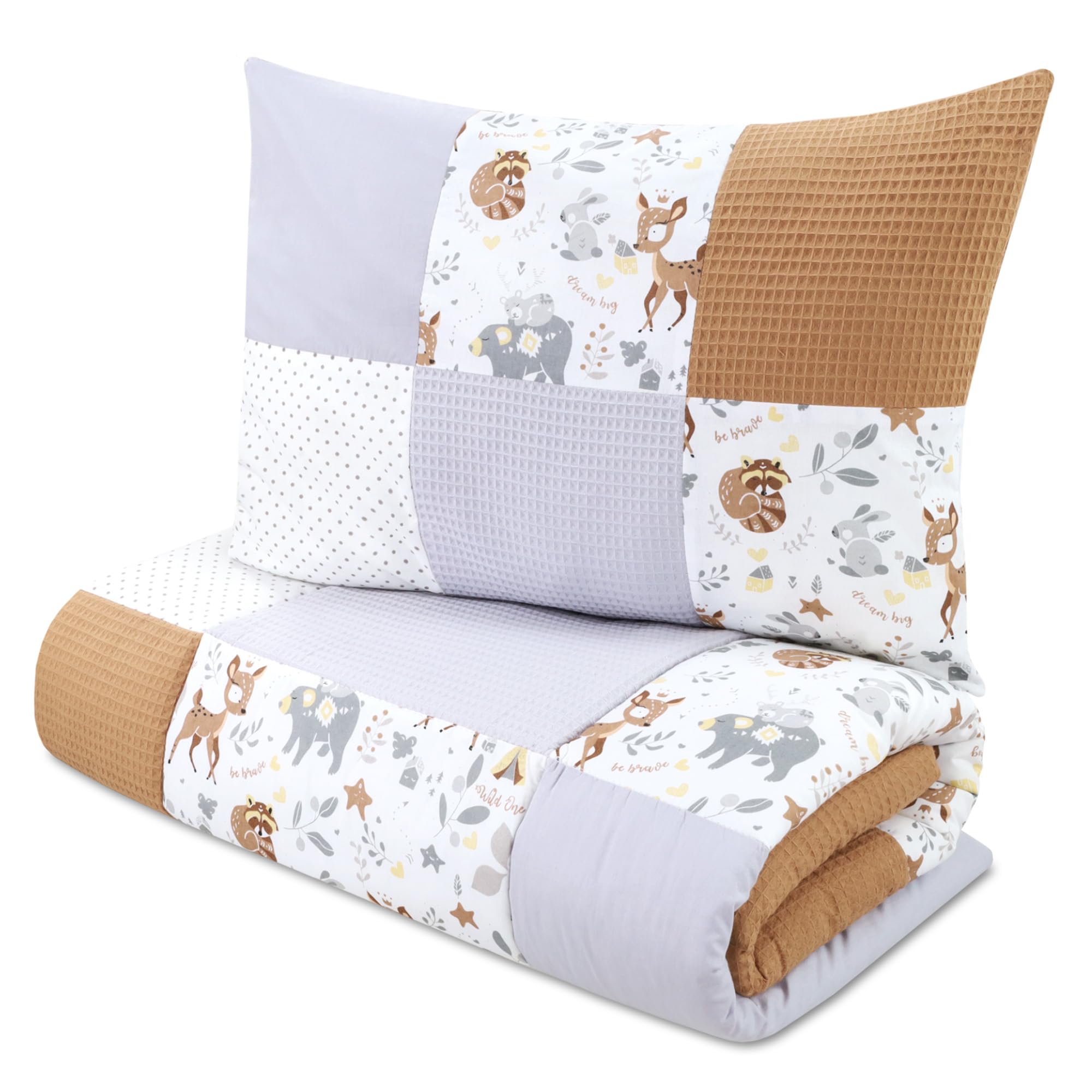 Totsy Baby Kinderbettdecke 100x135 Set mit Kissen - Kinderdecke mit Kopfkissen Kindergarten Bettdecke mit Baumwolle Patchwork Bezug Hirsch Hellgrau