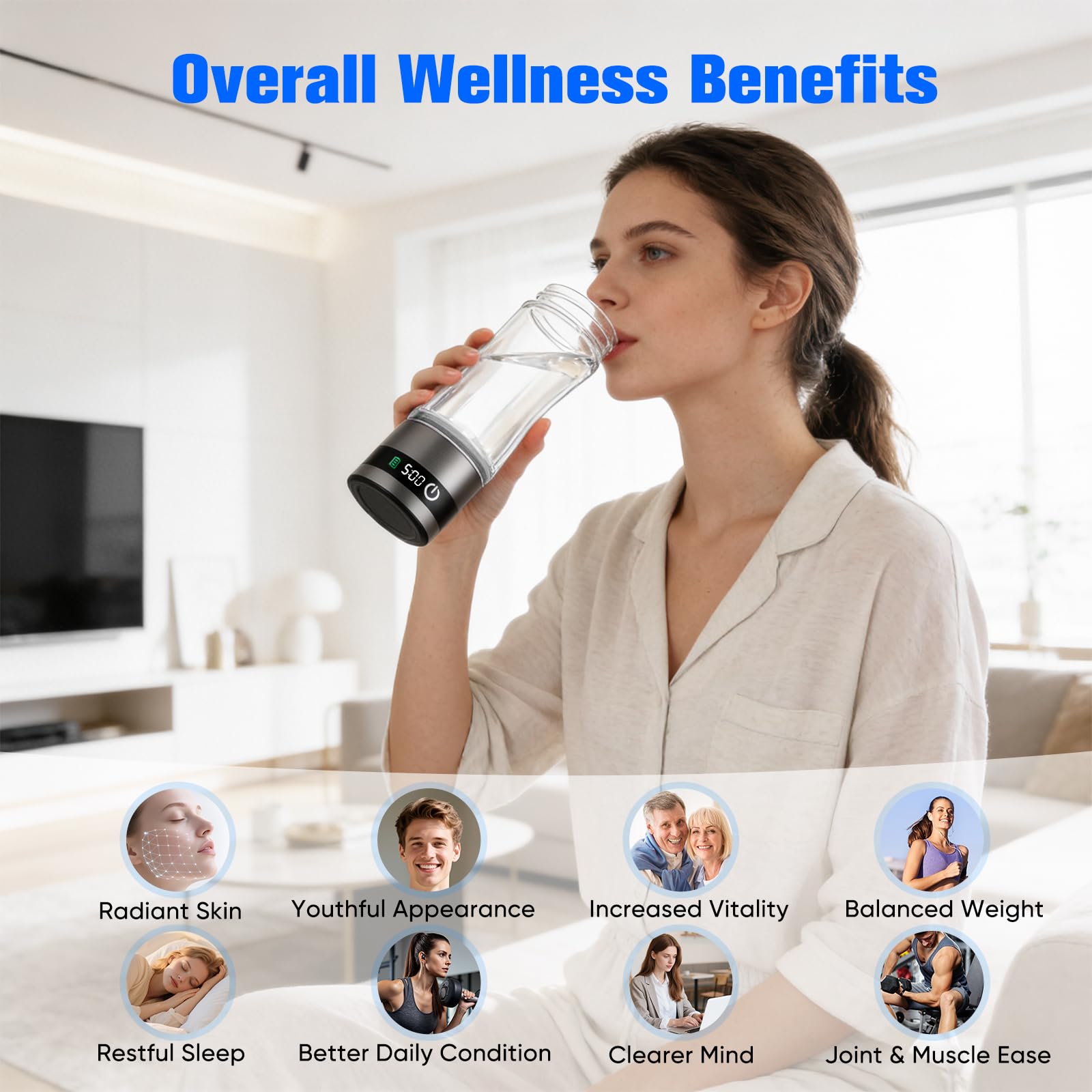 Bouteille d'eau hydrogénée avec affichage numérique, 460 ml Bouteille d'eau hydrogénée portable en verre avec technologie 5200 PPB & SPE, eau riche en hydrogène en 5 minutes (5200 PPB - 460 ml)