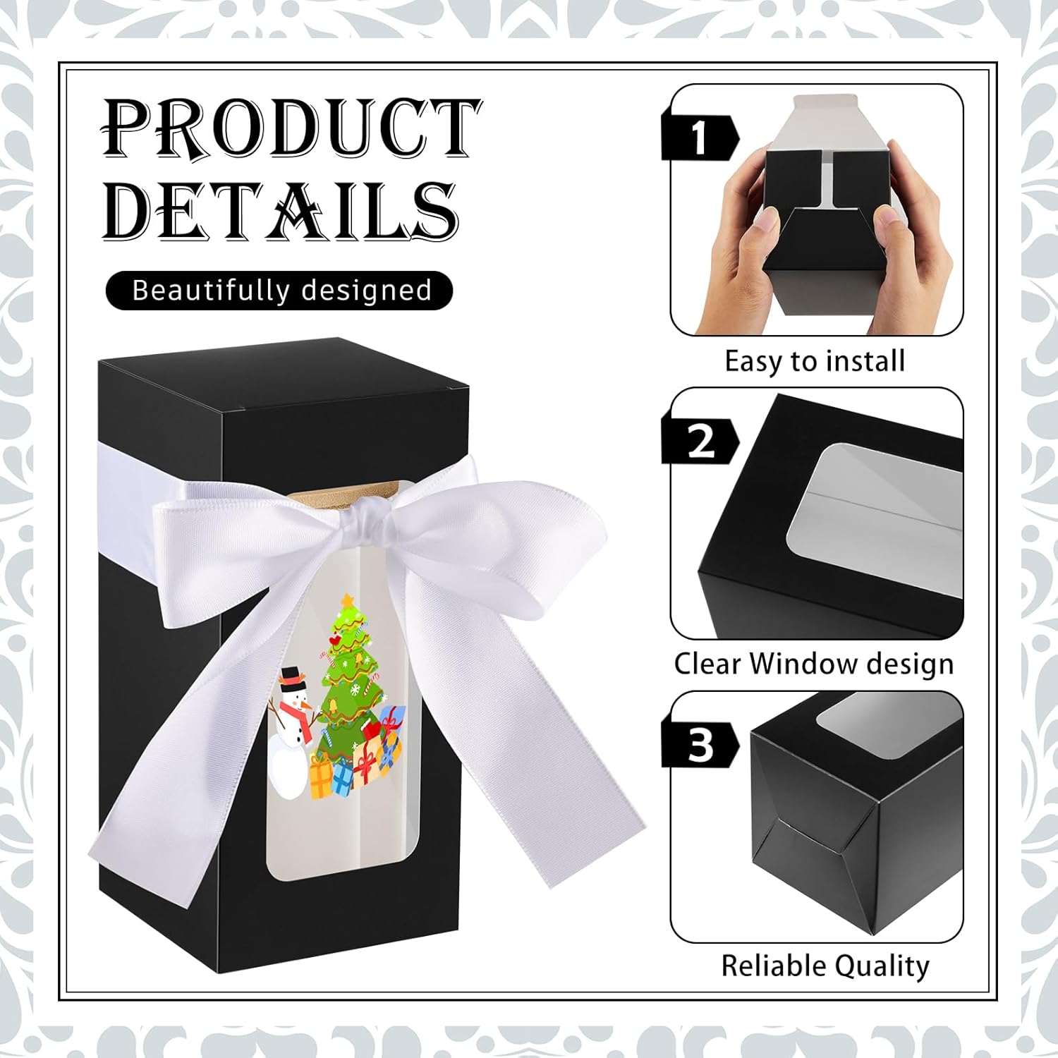 Fulmoon 12 Sets Sublimation Glass Cup Boxes Glass Bottle Boxes with Ribbon Valentine's Day Shipping Blanks Gift Wrap Gaine for Birthday Wedding Party Drinking Glasses Cup(Black) - Image 3