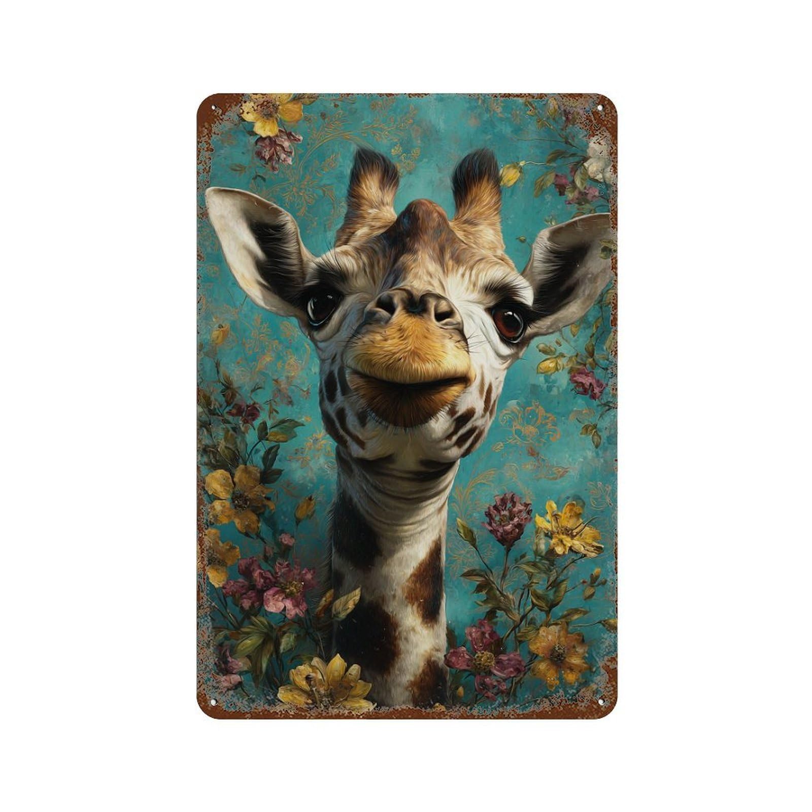 Giraffe Floral Background Rustic Tin Plaque 11.8"x7.9", for Pub, Kitchen And Man Cave Decor, Vintage Wall Decor