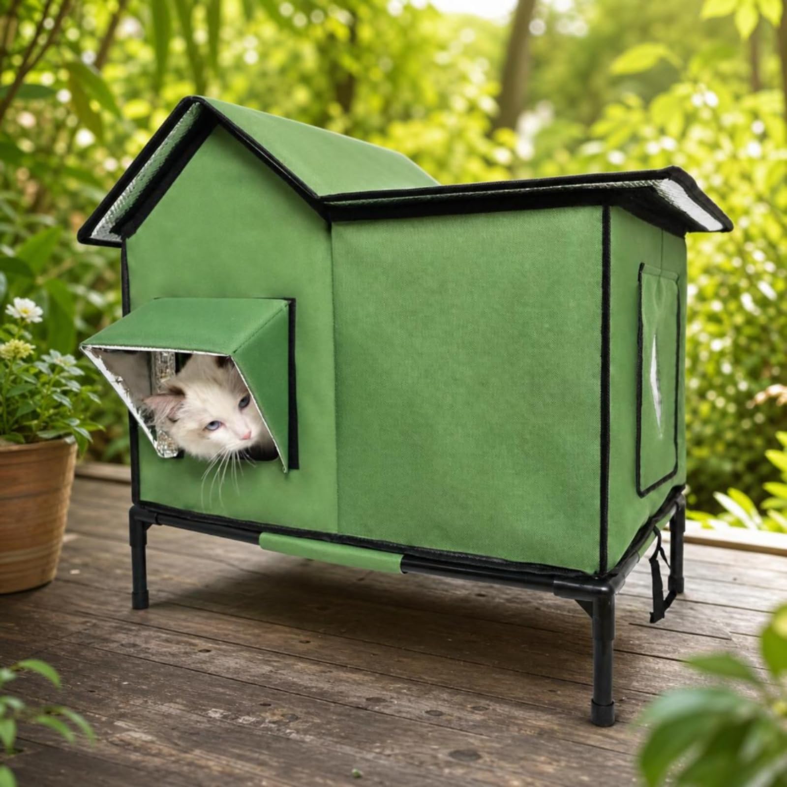 Casetta per Gatti da Esterno Rifugio Cuccia Capanno Sicuro con Esterno 600d Impermeabile Interno Coibentato Struttura Sollevata 12 Cm Ingresso