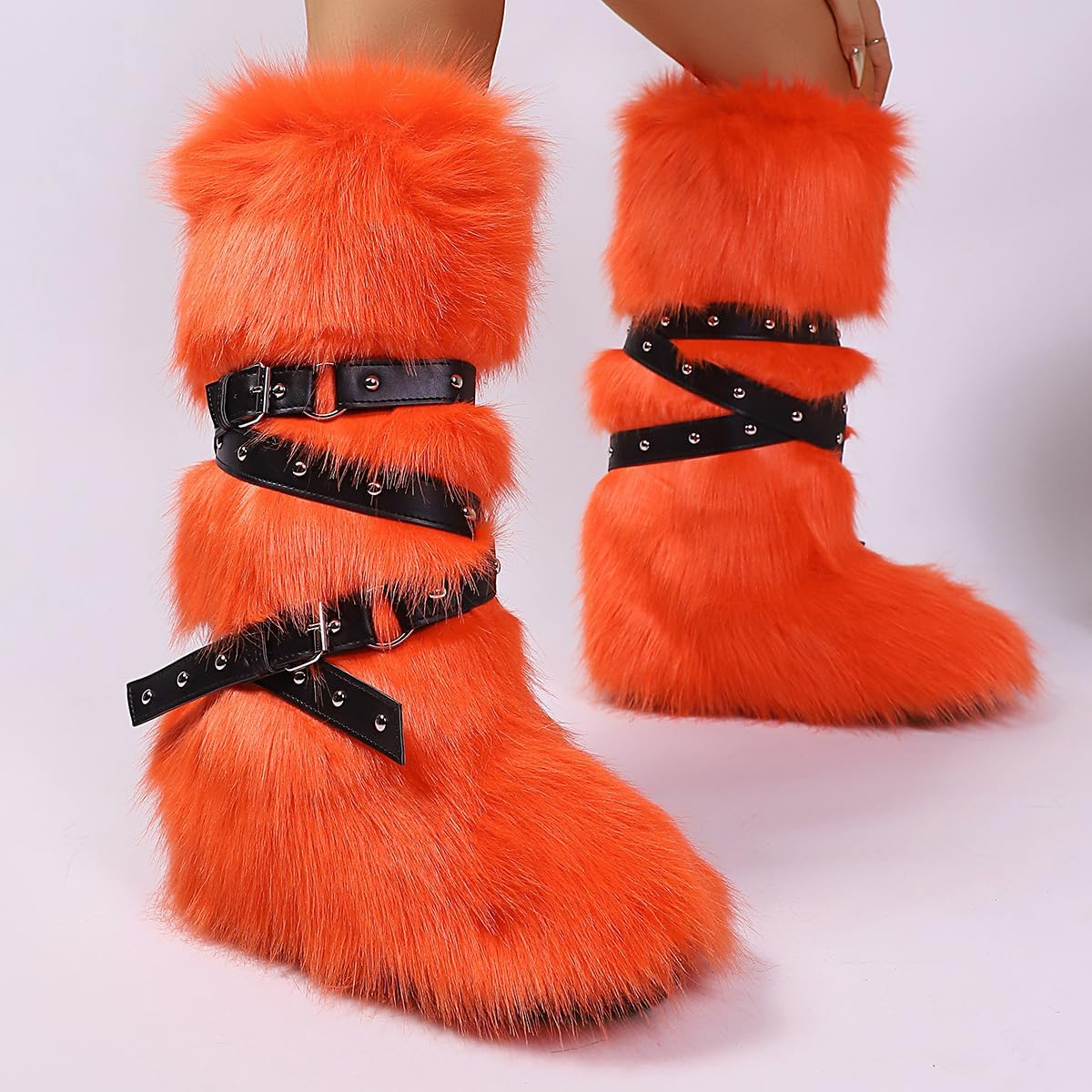 Rave Fur Boots Y2K for Women Spicy Girls, Fluffy Mid Calf Boots, Faux Mongolian Fur Shoes, Goth Boho Emo Grunge Cute Fahsion, EDM Festivals Concert Parties Club, Halloween Christmas New Year Cosplay
