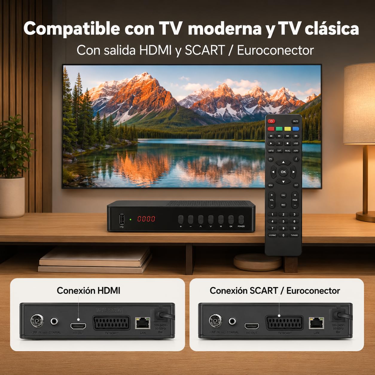 2026 Nuevo Español TDT Decodificador TV DVB-T T2 H265 HEVC FTA Full HD PVR, USB, HDMI, SCART, Sintonizador de TV Digital Terrestre, Receptor Digital de Alta definición Full HD 1080p (3)