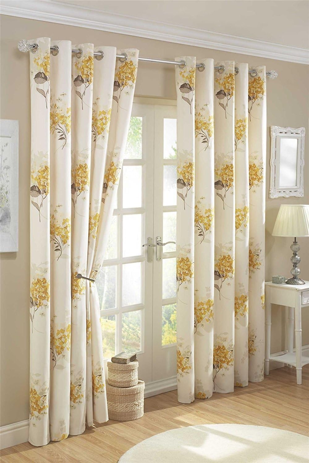 Opulence 46" x 72" Aston Gold Curtains, Lined Eyelet/Ring Top, Floral Bouquet Print, Yellow Cream Beige Latte