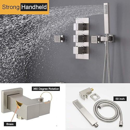 Miniatura 7 de Sistema de ducha de lluvia de níquel cepillado, cabezal de lluvia de techo de 16 pulgadas con rociador de mano y chorros de cuerpo de pared, válvula
