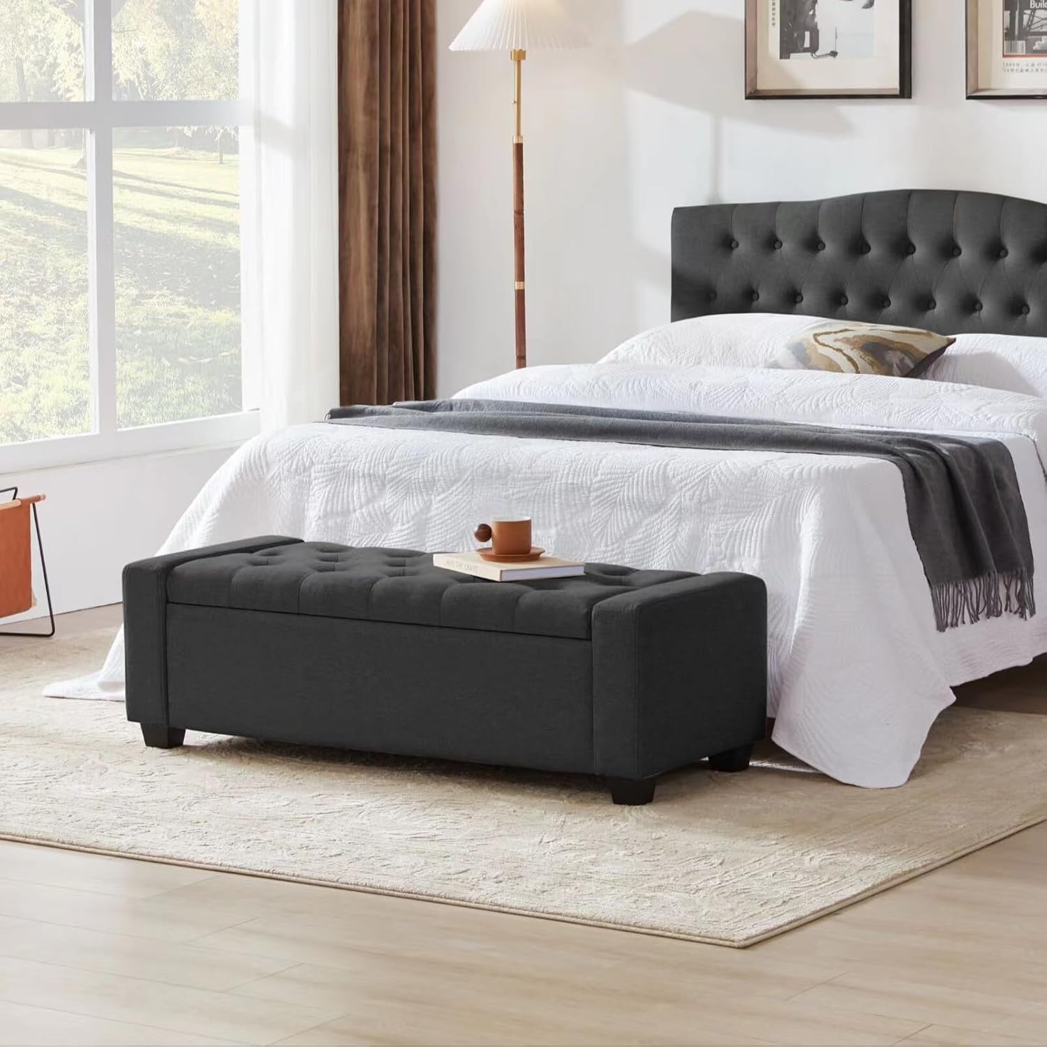 Ottoman Storage Bench With Safety Hinge - Upholstered End of Bed Bench for Bedroom - Holds up to 330 lb - Dark Gray