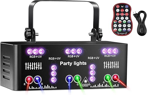 Miniatura 7 de Luces láser de discoteca DJ 21 LED para bar de fiesta con 27 patrones RGB+sonido UV activado, luz estroboscópica de escenario con control remoto