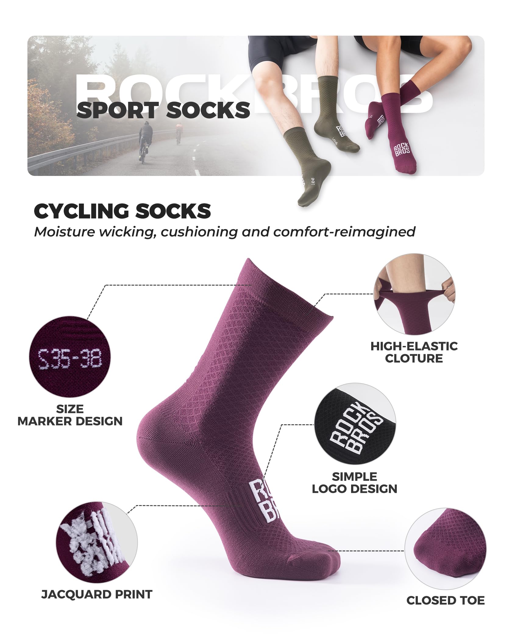 ROCKBROS Road to Sky Fahrradsocken, Sportsocken Atmungsaktive Baumwolle, Lange Laufsocken Herren Damen, Rutschfeste Socken für Rennrad Mountainbike Mehrfarbig S-L