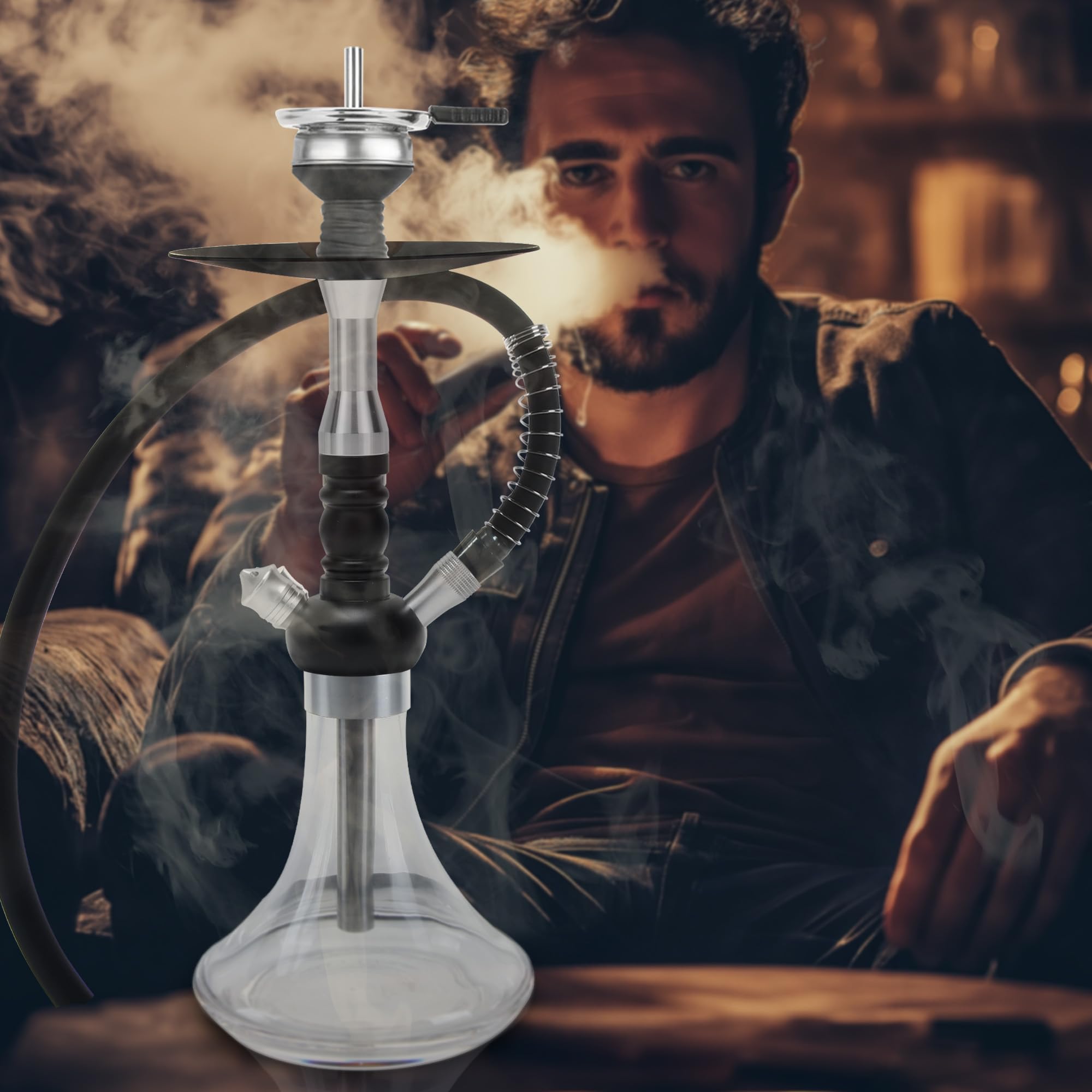 Glass Hookah Set completo con todo de aleación de aluminio con difusor Manguera de silicona lavable Caucho Chisha Bowl Dispositivo de gestión de calor Pinzas de carbón(Transparencia)