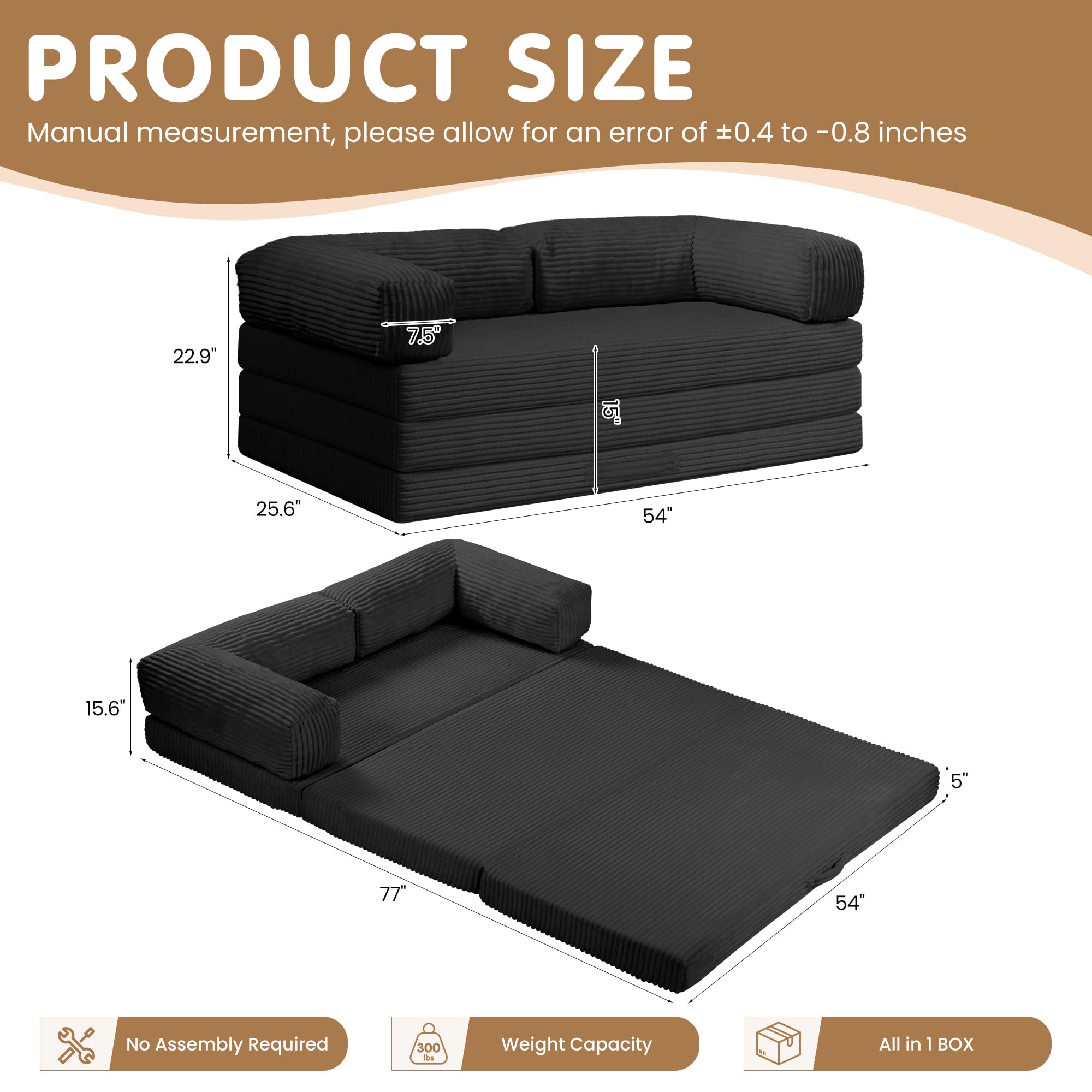 Convertible Sofa Bed Full,5-in-1 Tri-Fold Boneless Couch with Removable Armrests & Handle,Corduroy Futon Sleeper Sofa,Floor Folding Mattress Pull Out Bed for Small Space Apartment Bedroom Black