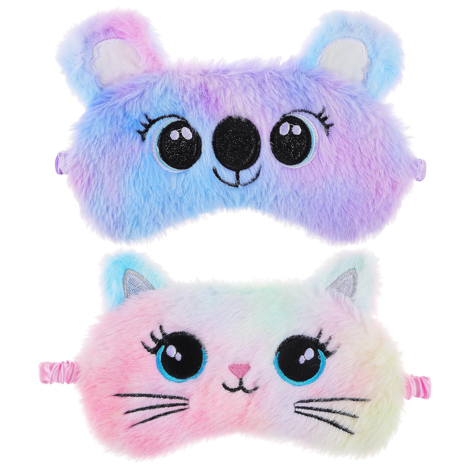 FNANJWQ 2 Pcs Plush Sleeping Eye Mask for Kids Fluffy Colorful Sleeping Blindfold Soft Kitty Eye Covers Comfortable